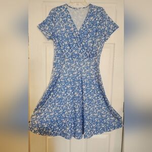 Blue Floral Print Short Sleeve Midi V-Neck Dress Large Pull On
